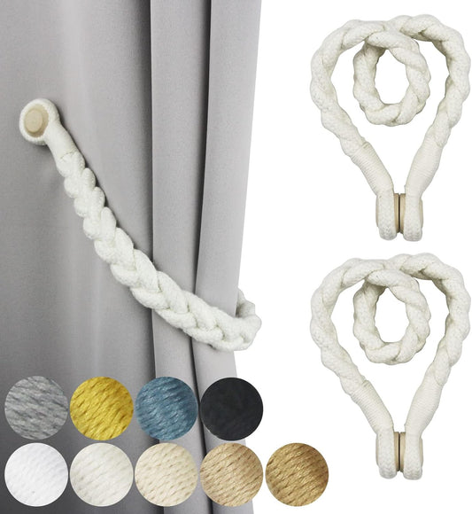 2 Pack Magnetic Soft Curtain Tiebacks Cotton Hand-Woven Tieback Holdback Home Decorative Tie Backs with Wooden Buckle for Home Office Decor (Cream, 2)